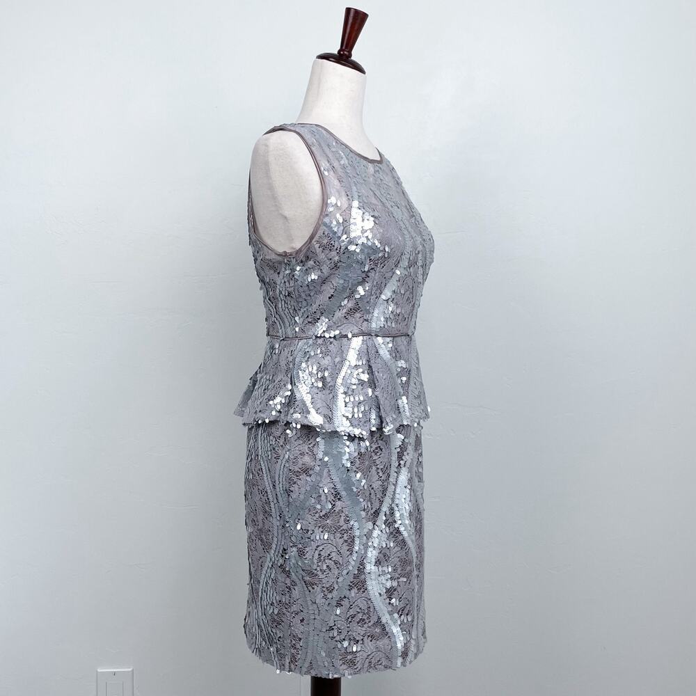 Adrianna Papell Silver Sequin Lace Sleeveless Peplum Sheath Pencil Dress SIZE 6 - Picture 4 of 10